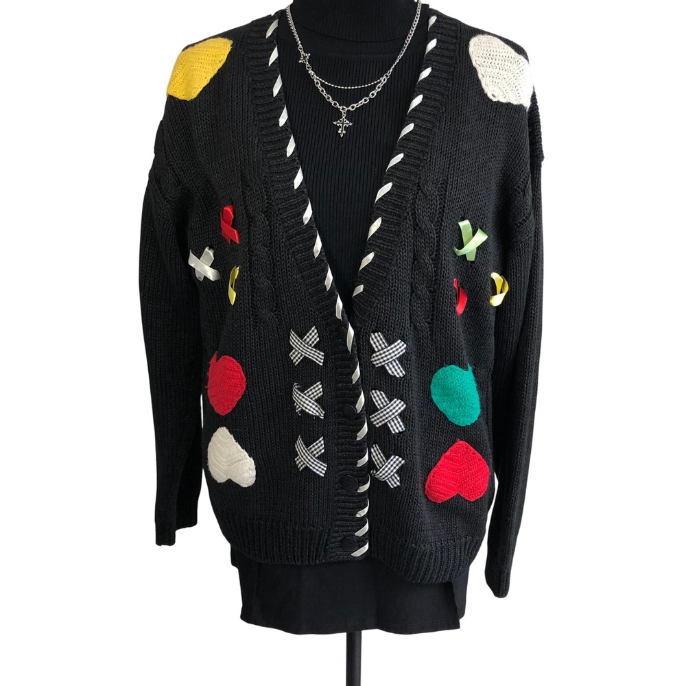 Vintage 80s 90s Spice of Life Heart Ribbon Knit Cardigan Sweater Womens M Black